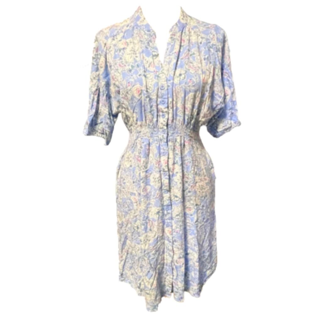 Lucky Brand Blue Floral Paisley Button Front Midi Dress Smocked Waist Large